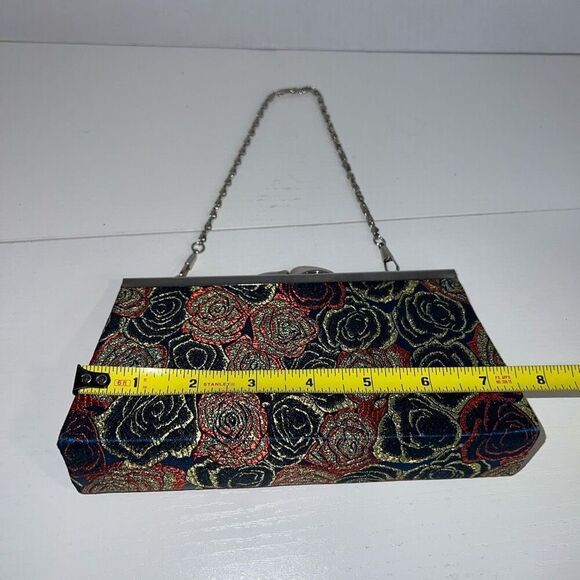 Vintage Clutch Purse Fabric Rose Sparkly Blue Red Green Silver Clasp Hard Case - Picture 2 of 6